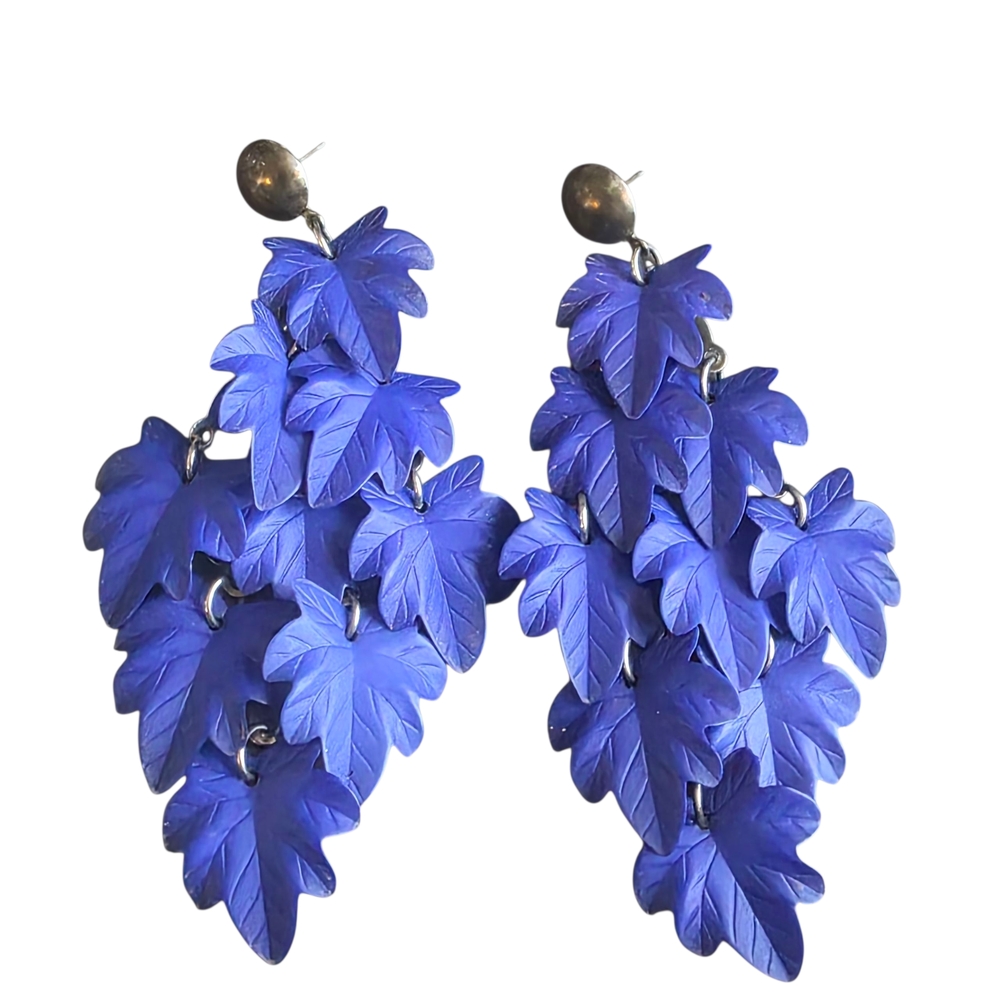 Bold Blue Leaf Dangle Statement Earrings - image 3
